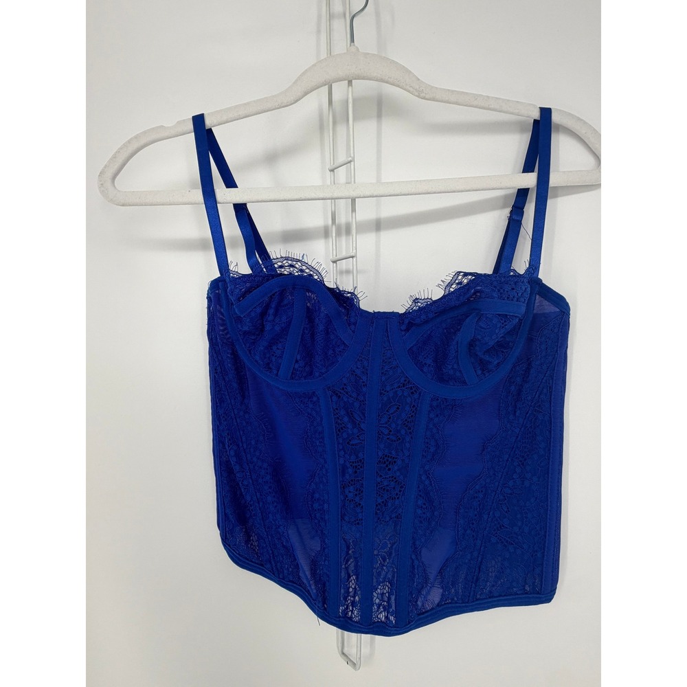 Sheer Corset Top Womens Small Royal Blue Lace Bustier Hook Eye Coquette Ballet